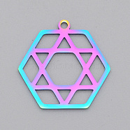 Ion Plating(IP) 201 Stainless Steel Pendants, Laser Cut, Star of David, Rainbow Color, 24x24x1mm, Hole: 1.8mm(STAS-S105-LA527)