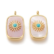 Natural Pink Shell Pendants, with Natural Turquoise and Brass Findings, Long-Lasting Plated, Real 18K Gold Plated, Rectangle with Sun, 27x16.8x6mm, Hole: 3mm(KK-P184-01B-01G)