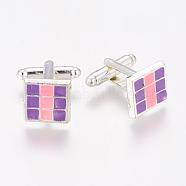 Brass Cufflinks, with Alloy Enamel Tray, Square, Platinum Color, Lilac and PearlPink, Size: about 13mm long, 13mm wide, 26mm high(KK-Q243-3)