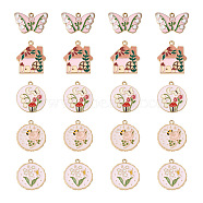 20Pcs 5 Style Rack Plating Alloy Enamel Pendants, Cadmium Free & Nickel Free & Lead Free, Light Gold, Butterfly with Tulip & House, Mixed Color, 28x25x1.5mm, Hole: 1.8mm(ENAM-YS0001-09)