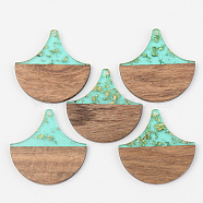 Transparent Resin & Walnut Wood Pendants, with Gold Foil, Fan, Pale Turquoise, 38x38x3mm, Hole: 2mm(RESI-S389-046A-B02)
