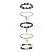 5Pcs 5 Style Natural Lava Rock & Natural Quartz & Synthetic Hematite Stretch Bracelets Set, Starfish & Wing & Word I Love You Alloy Charms Bracelets for Women, Inner Diameter: 2-1/8~2-1/4 inch(5.3~5.8cm), 1Pc/style(BJEW-JB08739)