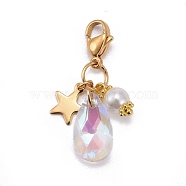 Faceted Teardrop Glass Pendants, with Glass Pearl Round Beads, Star 304 Stainless Steel Charms & Lobster Claw Clasps, Clear AB, 34mm(HJEW-JM00487-01)