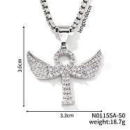 Elegant Brass Crystal Rhinestone Winged Cross Pendant Box Chain Necklaces, Platinum, 23.62 inch(60cm)(OK2831-1)