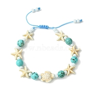 Turtle & Starfish & Round Synthetic Green Turquoise Braided Beaded Bracelets, Adjustable Bracelet for Girl Women, 2-1/8~3-1/8 inch(5.3~8cm)(BJEW-TA00363)
