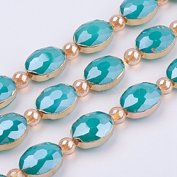 Opaque Glass Beads Strands, with Brass Findings, Pearl Luster Plated, Faceted, Oval, Golden, Dark Turquoise, 12x16x7.5mm, Hole: 1mm, about 10pcs/strand, 8.2 inch (21cm)(EGLA-K013-PL-07G)