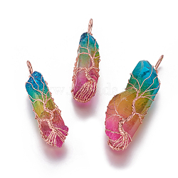 Electroplate Natural Quartz Crystal Big Wire Wrapped Pointed Pendants, with Brass Findings, Bullet, Rose Gold, Colorful, 45~77x12~22x10~20mm, Hole: 4~7mm(G-L520-B03-RG)