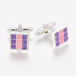 Brass Cufflinks, with Alloy Enamel Tray, Square, Platinum Color, Lilac and Pearl Pink, Size: about 13mm long, 13mm wide, 26mm high(KK-Q243-3)