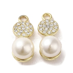 Alloy with Rhinestone Pendants, with ABS Imitation Pearl, Flat Round Charms, Golden, 23.5x10x10.5mm, Hole: 2.2mm(FIND-B032-26G)