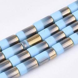 Half Electroplate Opaque Glass Beads Strands, Column, Light Sky Blue, 19.5~20x10mm, Hole: 1.4mm, about 17pcs/strand, 13.38 inch(EGLA-S177-02F)