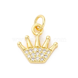 Brass Micro Pave Cubic Zirconia Charms, Crown, with Jump Ring, Real 16K Gold Plated, 12.5x12.5x2.5mm, Hole: 3.5mm(KK-S510-23G)