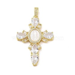 Real 18K Gold Plated Brass Micro Pave Cubic Zirconia Pendants, with Glass and Resin, Cross, Clear, 46x31x5mm, Hole: 3.3x4.7mm(KK-A209-14G-02)