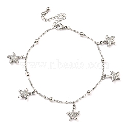 Non-Tarnish Summer Beach 304 Stainless Steel Cable Chains Starfish Charm Bracelets, Stainless Steel Color, 8-3/8 inch(21.3cm)(BJEW-P334-08P)