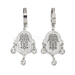 Hollow Hamsa Hand 304 Stainless Steel Dangle Earrings, Rhinestone Hoop Earrings for Women, Stainless Steel Color, 46x17mm(EJEW-L283-079P)