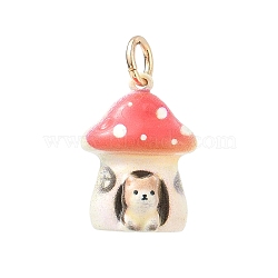 Animal Theme Brass Enamel Pendants, with Jump Ring, Golden, Dog In Mushroom Charm , 19x14x9.5mm, Hole: 4mm(KK-CBAE20A-02C-G)
