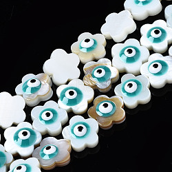 Natural Freshwater Shell Beads, with Enamel, Flower with Evil Eye, Teal, 10.5x11x4.5mm, Hole: 0.7mm, about 38~39pcs/strand, 14.96~15.43 inch(38~39.2cm)(SHEL-Q025-004D)