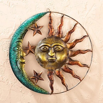 Iron Wall Decorations, Home Decoration Supplies, Moon with Sun, Dark Cyan, 280x286mm