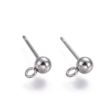304 Stainless Steel Stud Earring Findings, with Loop, Round, Stainless Steel Color, 15mm, Hole: 1.8mm, Pin: 0.8mm