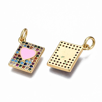 Brass Micro Pave Clear Cubic Zirconia Enamel Charms, with Jump Rings, Nickel Free, Rectangle with Heart, Real 16K Gold Plated, Hot Pink, 13.5x11x2mm, Jump Ring: 5x0.8mm, 3mm inner diameter