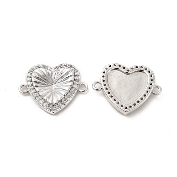 Brass Micro Pave Clear Cubic Zirconia Connector Charms, Heart Links, Platinum, 16.5x21x3mm, Hole: 1.6mm