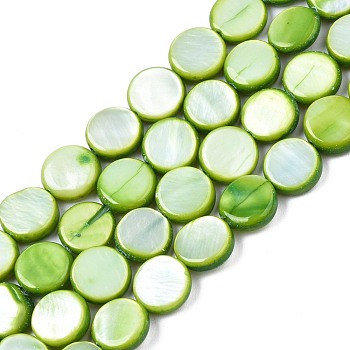 Freshwater Shell Beads Strands, Dyed, Flat Round, Olive Drab, 8x2.5~3.5mm, Hole: 0.8mm, about 50~51pcs/strand, 15.35 inch~15.75 inch(39cm~40cm)