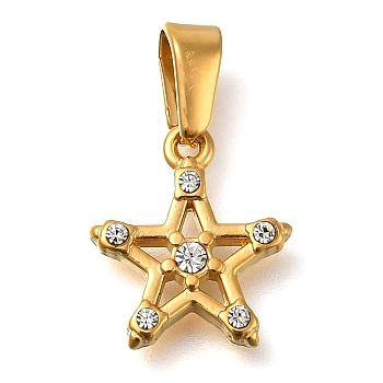 Ion Plating(IP) 304 Stainless Steel Charms with Rhinestone, Star Shape, Golden, 12.5x11x2.5mm, Hole: 5.5mm