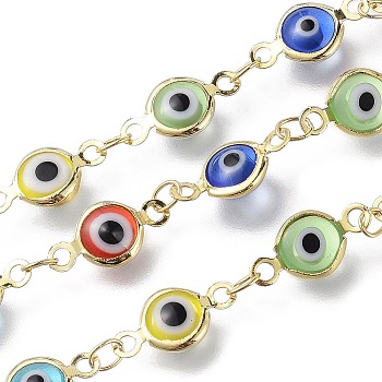 3.28 Feet Handmade Evil Eye Lampwork Link Chains, Soldered, with Brass Findings, Long-Lasting Plated, Flat Round, Golden, Mixed Color, 13x7x2.5mm, Hole: 1.5mm