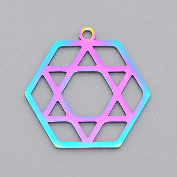 Ion Plating(IP) 201 Stainless Steel Pendants, Laser Cut, Star of David, Rainbow Color, 24x24x1mm, Hole: 1.8mm