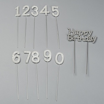 Alloy Rhinestone Cake Toppers, Cake Inserted Cards, Number 0~9 & Word Happy Brithday, Platinum, 156~164x16~92.5x4.5~5mm, 11pcs/set
