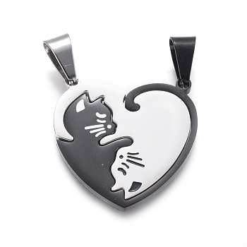 304 Stainless Steel Split Kitten Pendants, with Enamel, Heart with Cat Shape, Stainless Steel Color, 30x27x2mm, Hole: 9x4mm, 2pcs/set
