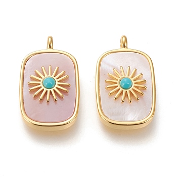 Natural Pink Shell Pendants, with Natural Turquoise and Brass Findings, Long-Lasting Plated, Real 18K Gold Plated, Rectangle with Sun, 27x16.8x6mm, Hole: 3mm