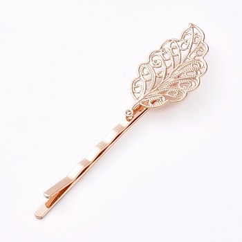 Hair Accessories Iron Hair Bobby Pin Findings, with Brass Filigree Leaf Cabochon Bezel Settings, Long-Lasting Plated, Light Gold, Tray: 34x17mm, 68mm