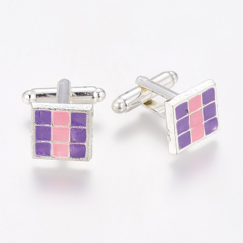 Brass Cufflinks, with Alloy Enamel Tray, Square, Platinum Color, Lilac and Pearl Pink, Size: about 13mm long, 13mm wide, 26mm high
