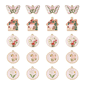 20Pcs 5 Style Rack Plating Alloy Enamel Pendants, Cadmium Free & Nickel Free & Lead Free, Light Gold, Butterfly with Tulip & House, Mixed Color, 28x25x1.5mm, Hole: 1.8mm