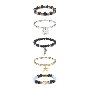 5Pcs 5 Style Natural Lava Rock & Natural Quartz & Synthetic Hematite Stretch Bracelets Set, Starfish & Wing & Word I Love You Alloy Charms Bracelets for Women, Inner Diameter: 2-1/8~2-1/4 inch(5.3~5.8cm), 1Pc/style