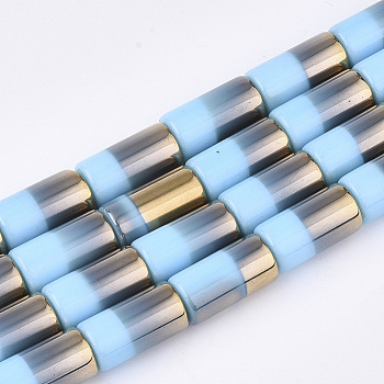 Half Electroplate Opaque Glass Beads Strands, Column, Light Sky Blue, 19.5~20x10mm, Hole: 1.4mm, about 17pcs/strand, 13.38 inch