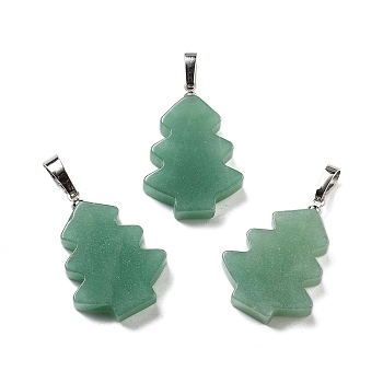 Natural Green Aventurine Pendants, Christmas Tree Charms with Rack Plating Brass Snap on Bails, Platinum, 34x20x5mm, Hole: 8x5mm