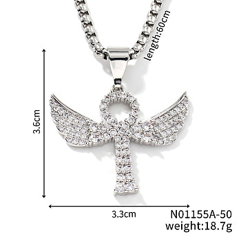 Elegant Brass Crystal Rhinestone Winged Cross Pendant Box Chain Necklaces, Platinum, 23.62 inch(60cm)