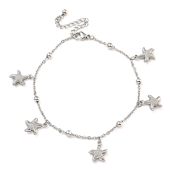 Non-Tarnish Summer Beach 304 Stainless Steel Cable Chains Starfish Charm Bracelets, Stainless Steel Color, 8-3/8 inch(21.3cm)