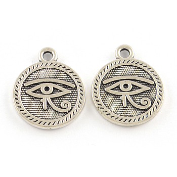 Tibetan Style Alloy Pendants, Cadmium Free & Lead Free, Flat Round with Evil Eye, Antique Silver, 18x15x2mm, Hole: 2mm, about 613pcs/1000g