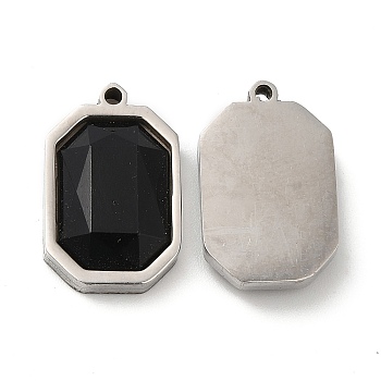 201 Stainless Steel Pendants, with Acrylic Rhinestones, Octagon Charm, Stainless Steel Color, Black, 19x12x4mm, Hole: 1.2mm