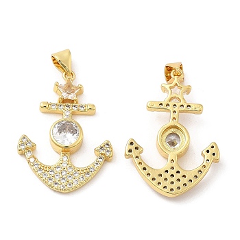 Brass Micro Pave Cubic Zirconia Pendants, Lead Free & Cadmium Free, Star with Anchor Charms, Real 18K Gold Plated, 30x21x5mm, Hole: 5.5x3.3mm