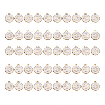 Golden Plated Alloy Charms, with Enamel, Enamelled Sequins, Flat Round, White, Letter.O, 14x12x2mm, Hole: 1.5mm, 50pcs/Box