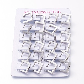 304 Stainless Steel Huggie Hoop Earrings, Square, Stainless Steel Color, 14x14x3mm, Pin: 1mm, 12pairs/card