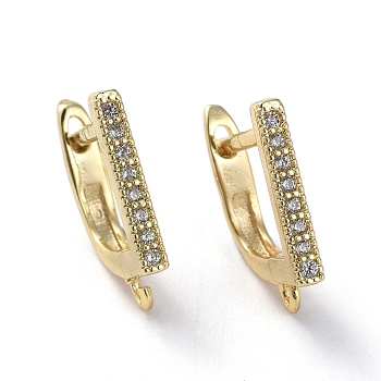 Brass Micro Pave Cubic Zirconia Hoop Earring Findings with Latch Back Closure, with Horizontal Loop, Clear, Golden, 15x2x12mm, Hole: 1.2mm, Pin: 1mm