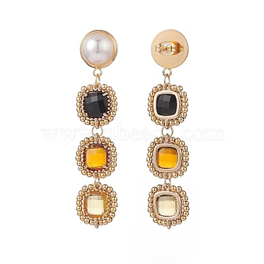 Glass Rectangle Beaded Long Dangle Stud Earrings with Imitation Pearl(EJEW-TA00141-02)-3