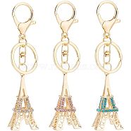 Nbeads 3Pcs 3 Colors Zinc Alloy Rhinestone Keychain, with Light Gold Plated Split Key Rings, Lobster Claw Clasps, Eiffel Tower, Mixed Color, 12.7cm, 1pc/color(KEYC-NB0001-38)