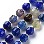 Natural Agate Beads Strands, Dyed, Faceted, with Seed Beads, Double Terminated Point Prism Beads, Bicone, Royal Blue, 10.5~12.5x10~11.5mm, Hole: 1.5mm, about 27~29pcs/strand, 14.25 inch~15.16 inch(36.2cm~38.5cm)(G-T131-118E)