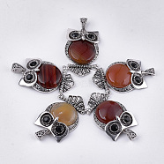 Natural Carnelian Big Pendants, with Rhinestone and Alloy Findings, Dyed, Owl, Antique Silver, 50x32x9.5~10mm, Hole: 4.5x9mm(G-S353-01D)