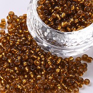 8/0 Glass Seed Beads, Silver Lined Round Hole, Round, Dark Goldenrod, 3mm, Hole: 1mm, about 10000 beads/pound(SEED-A005-3mm-22C)